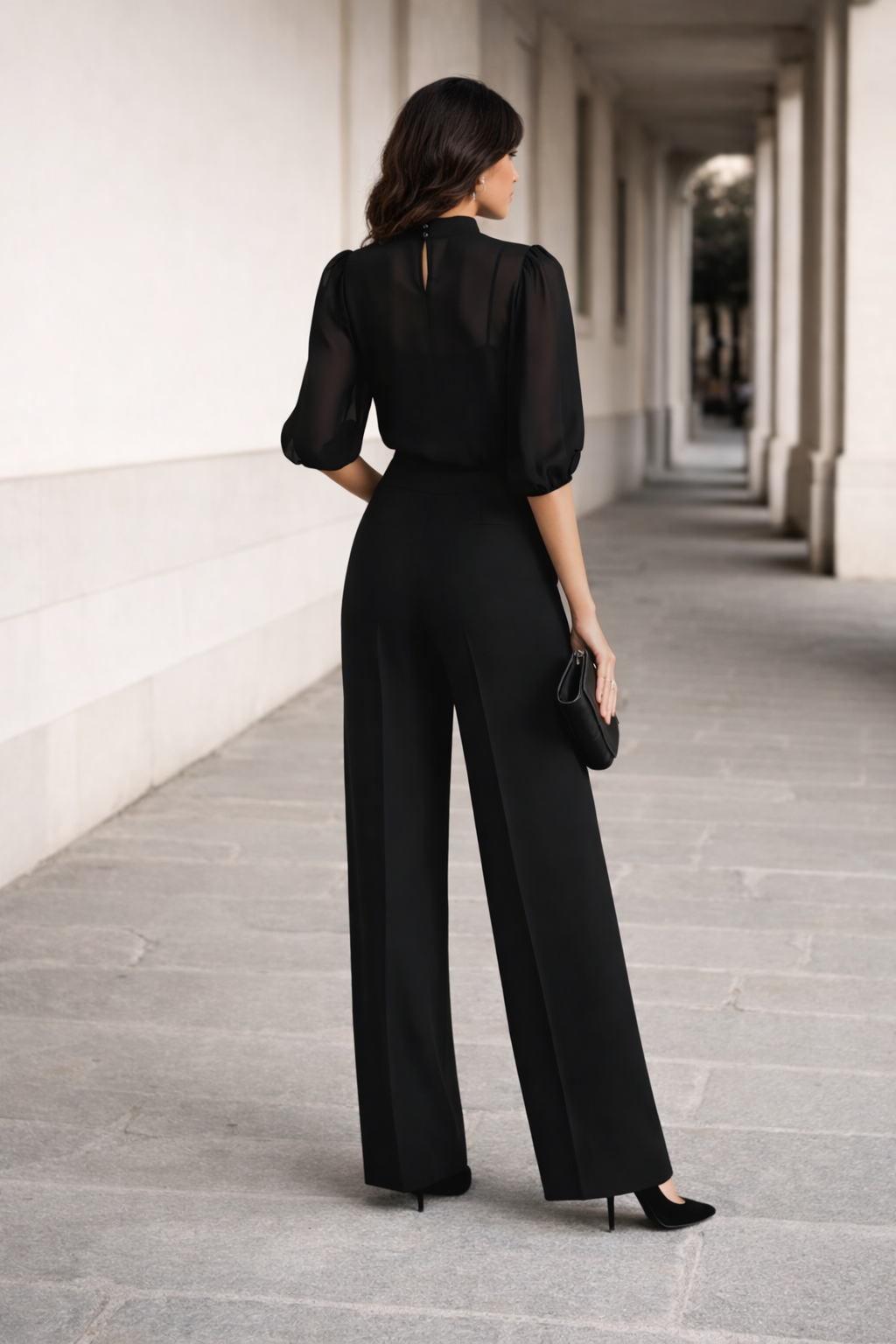 Valentina | Conjunto de Tres Piezas Compuesto por una Camisola Transparente y Pantalones de Pierna Ancha.-2
