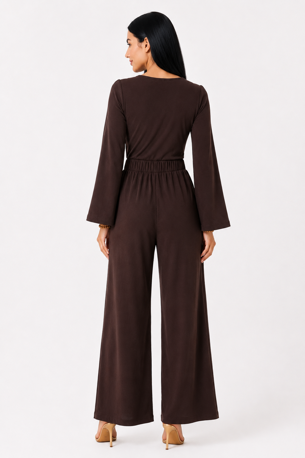 Conjunto marrón de blusa y pantalón ancho-2