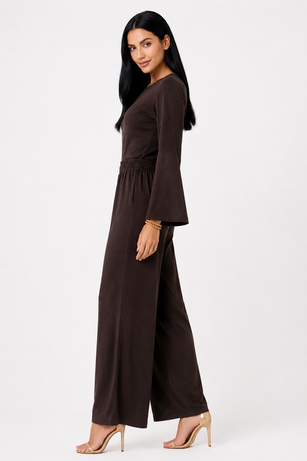 Conjunto marrón de blusa y pantalón ancho-3