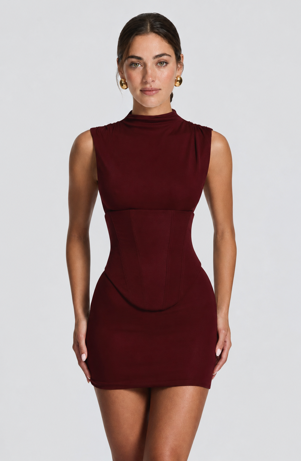 VESTIDO CORTO DE PUNTO CON CORSE CEREZA-1