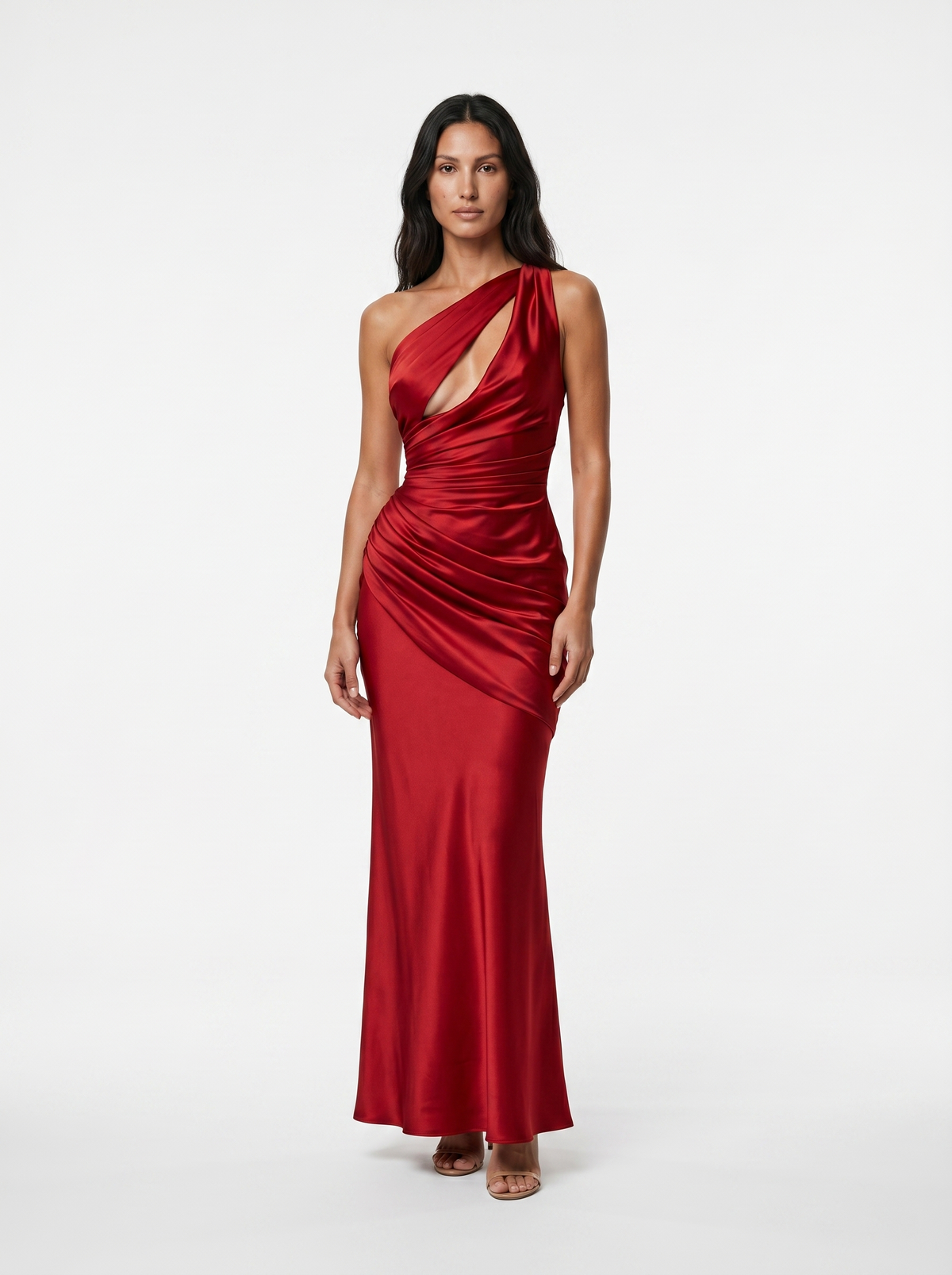 VESTIDO DRAPEADO DE SATEN ROJO VINO-2