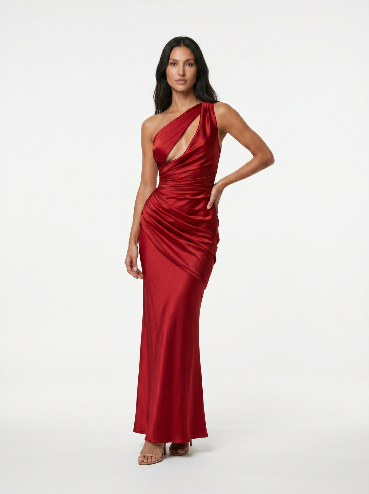 VESTIDO DRAPEADO DE SATEN ROJO VINO-3