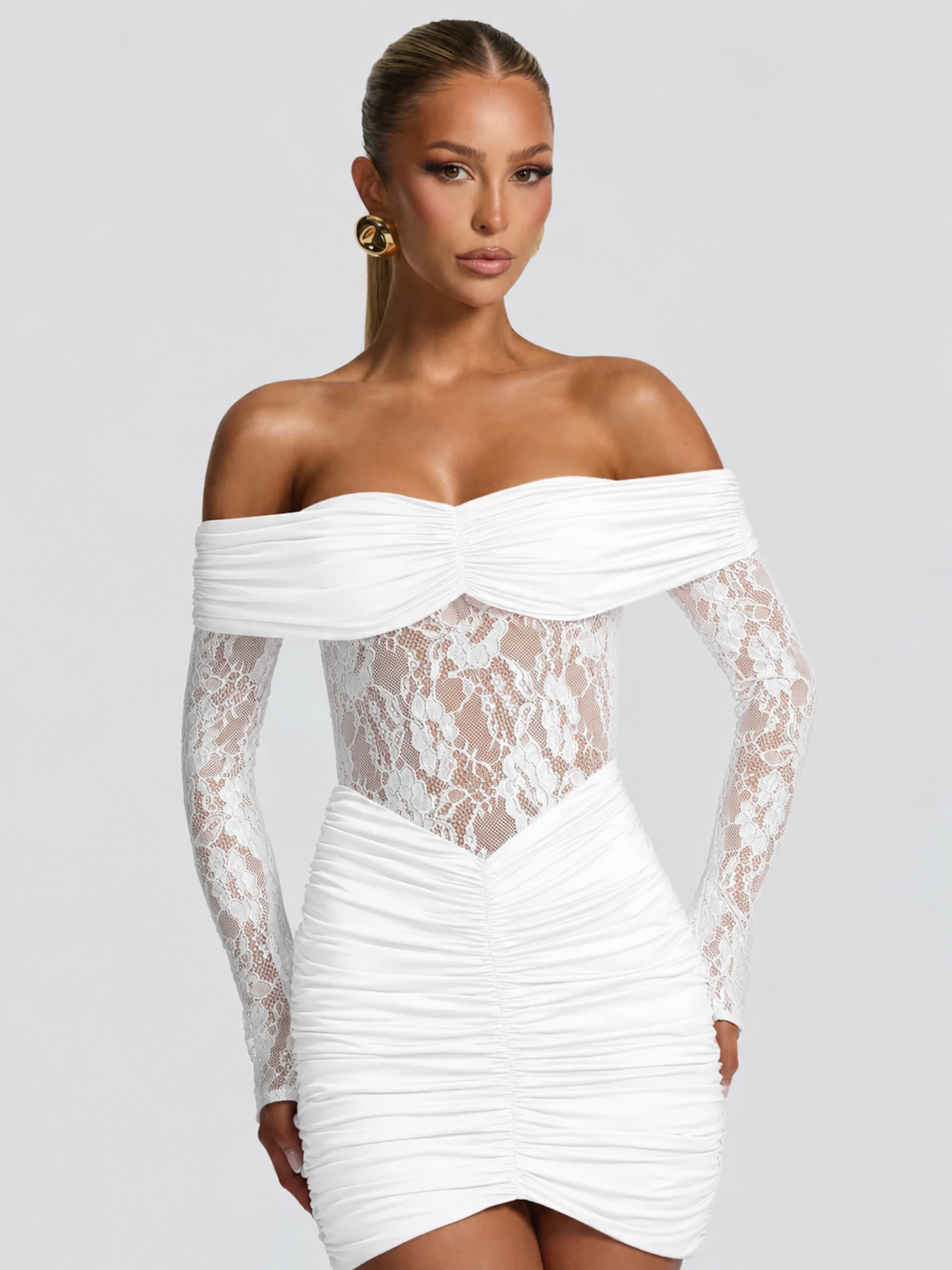 VESTIDO MINI DE ENCAJE Y DRAPEADO-2