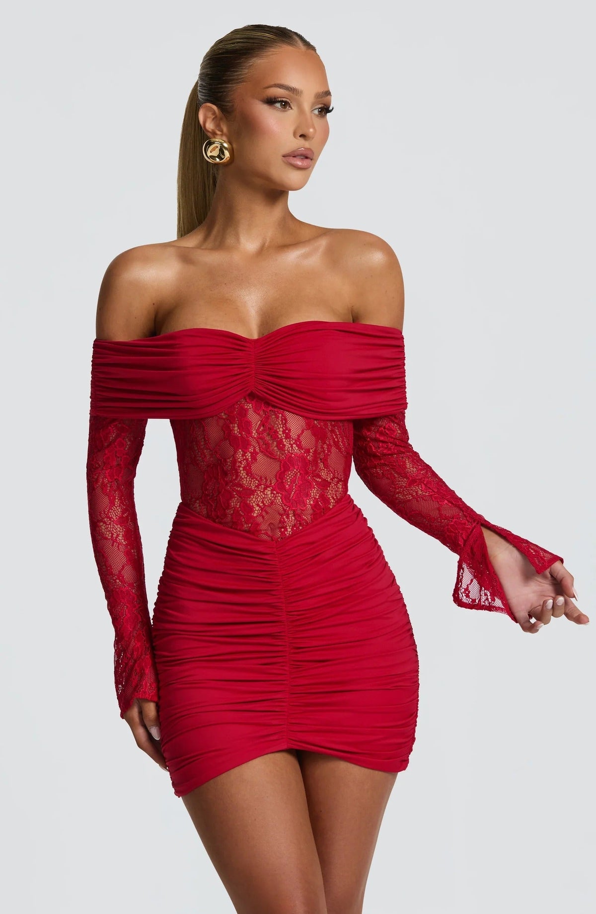 VESTIDO MINI DE ENCAJE Y DRAPEADO-3