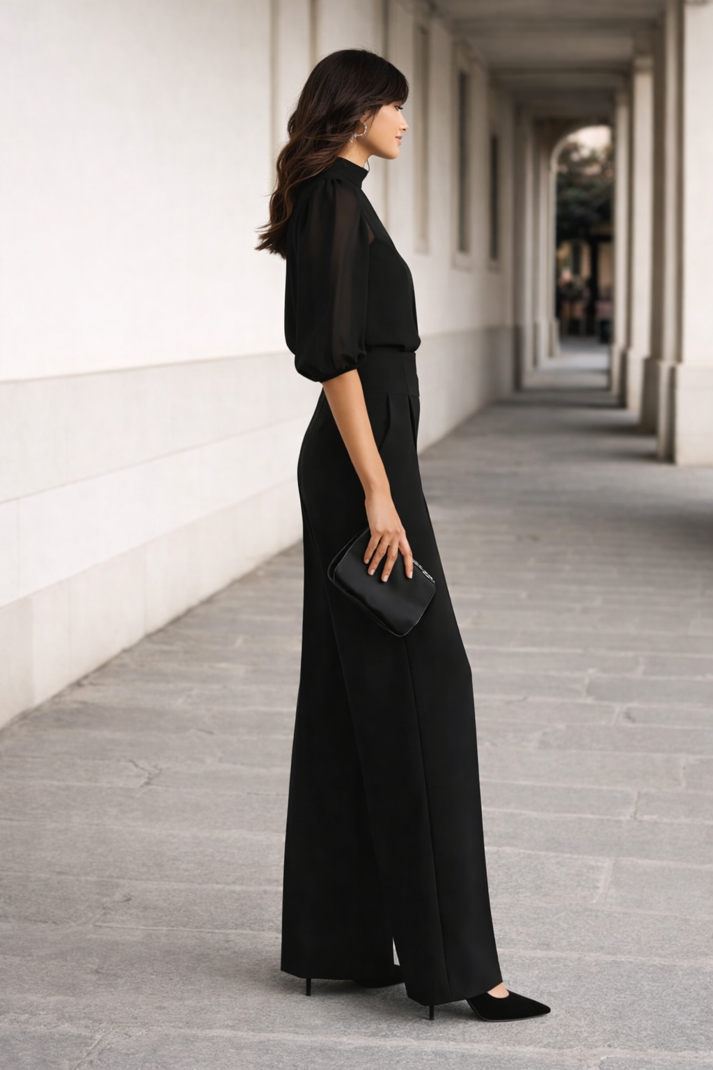 Valentina | Conjunto de Tres Piezas Compuesto por una Camisola Transparente y Pantalones de Pierna Ancha.-3