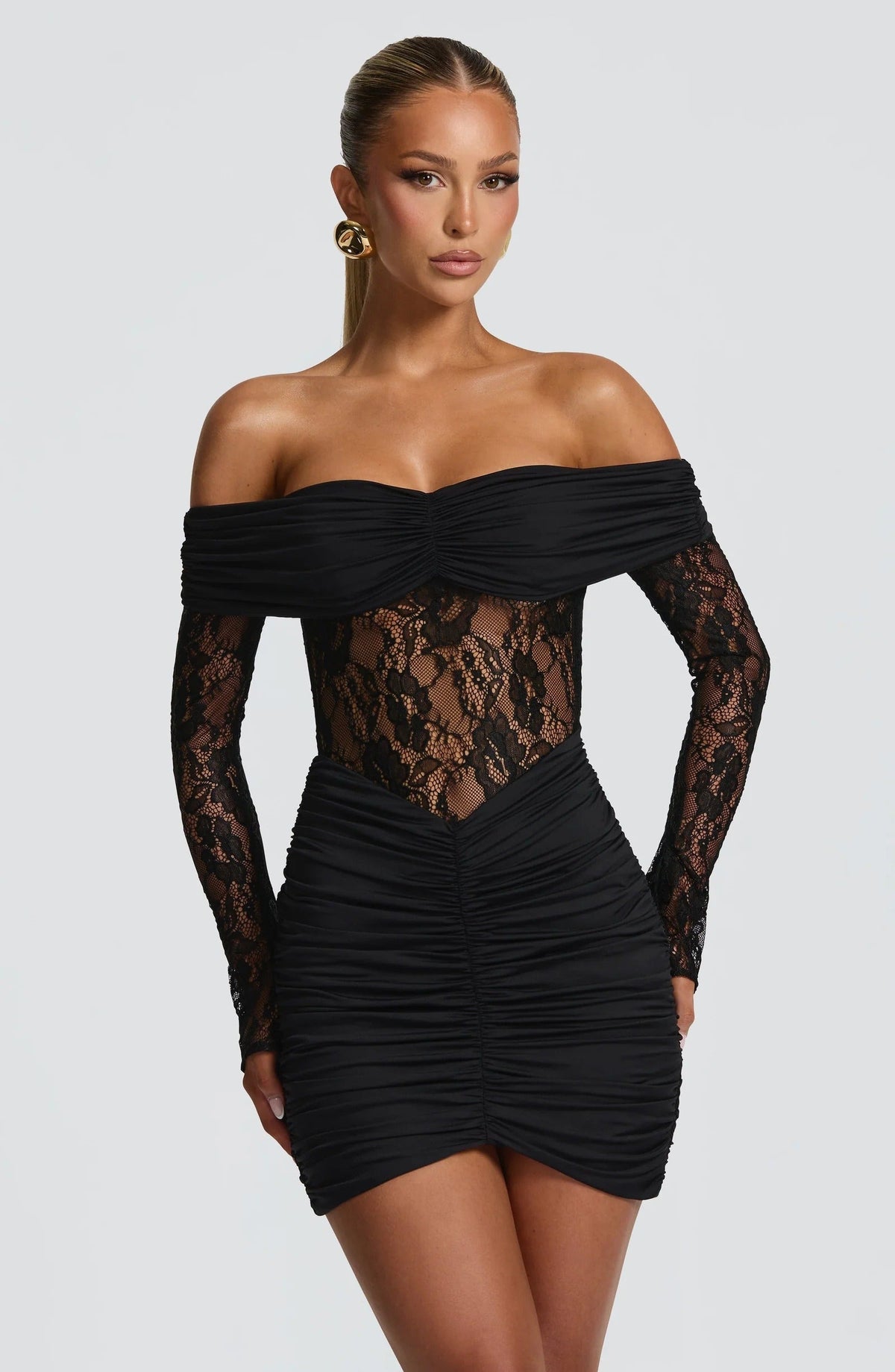 VESTIDO MINI DE ENCAJE Y DRAPEADO-1